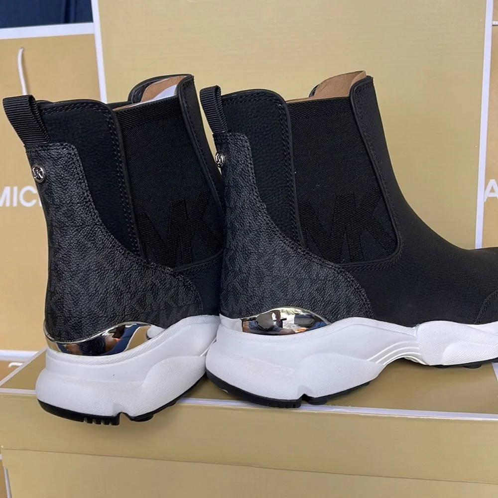 Michael Kors Black and White Chelsea-Style Platform Sneaker Booties